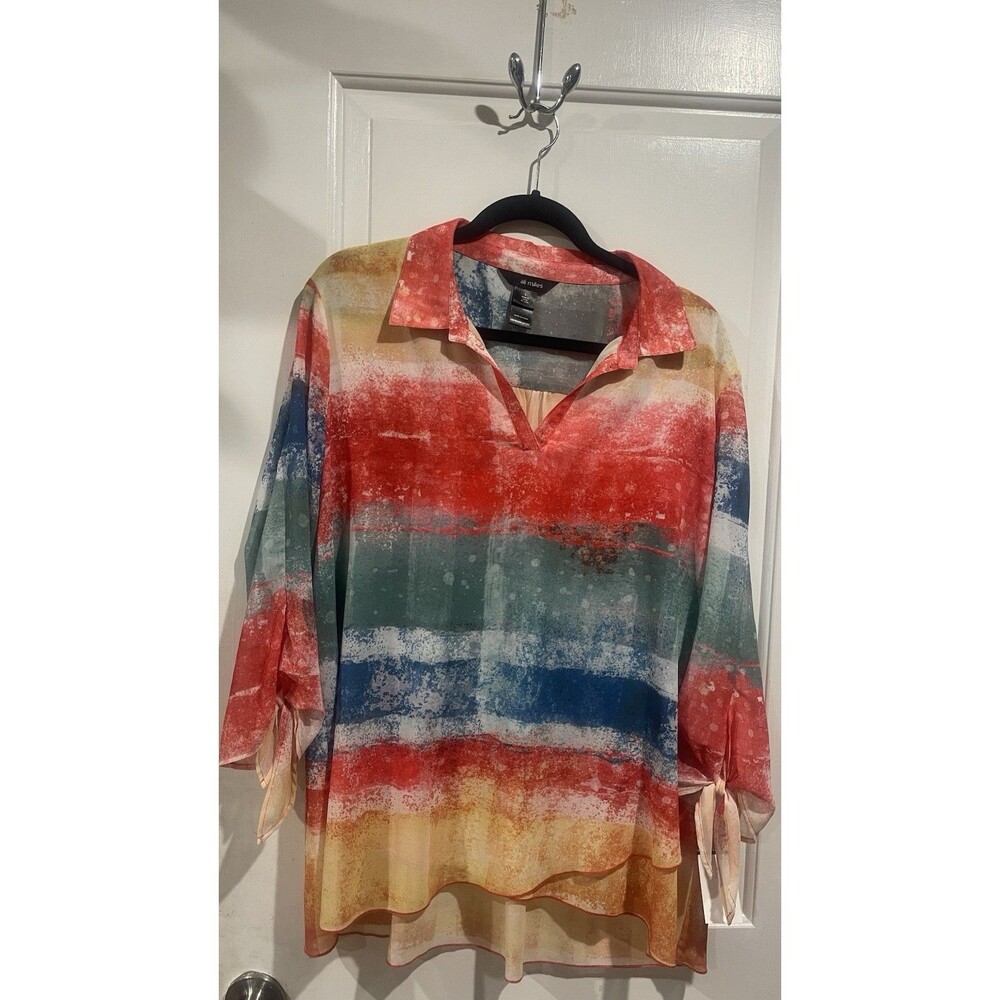Ali Miles Women’s Multicolor Watercolor Blouse Split Neck 3/4 Tie Sleeves Size L